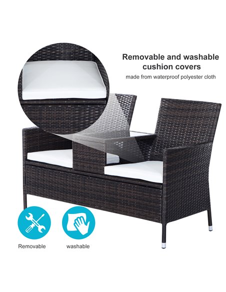 Outsunny Garden Rattan 2 Seater Companion Seat Wicker Love Seat Weave Partner Bench w/ Cushions Patio Outdoor Furniture (Brown) - pic 22024 | FastDaddyshop