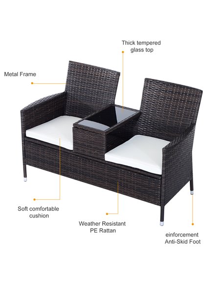 Outsunny Garden Rattan 2 Seater Companion Seat Wicker Love Seat Weave Partner Bench w/ Cushions Patio Outdoor Furniture (Brown) - pic 22025 | FastDaddyshop