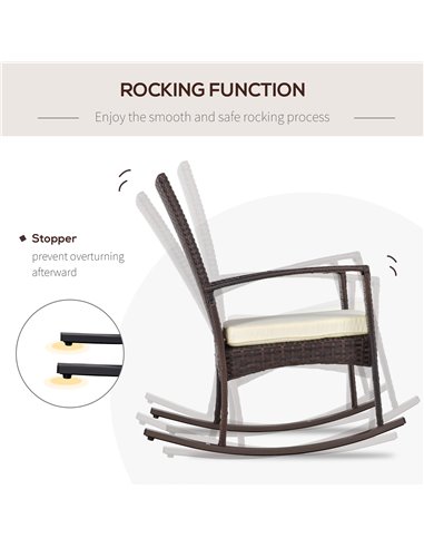 Outsunny Rattan Rocking Chair Rocker Garden Furniture Seater Patio Bistro Relaxer Outdoor Wicker Weave with Cushion - Brown