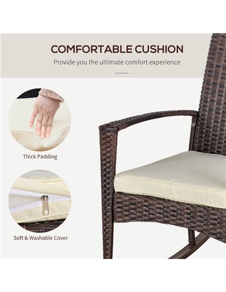 Outsunny Rattan Rocking Chair Rocker Garden Furniture Seater Patio Bistro Relaxer Outdoor Wicker Weave with Cushion - Brown - pic 22033 | FastDaddyshop