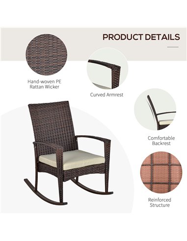 Outsunny Rattan Rocking Chair Rocker Garden Furniture Seater Patio Bistro Relaxer Outdoor Wicker Weave with Cushion - Brown