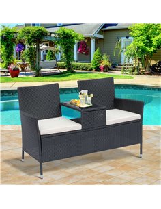 Outsunny 2 Seater Rattan Campanion Chair Wicker Loveseat Outdoor Patio Armchair with Drink Table Garden Furniture - Black 2