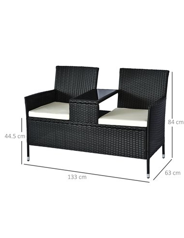 Outsunny 2 Seater Rattan Campanion Chair Wicker Loveseat Outdoor Patio Armchair with Drink Table Garden Furniture - Black