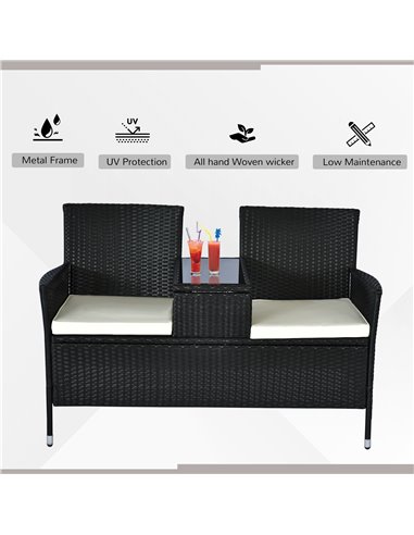 Outsunny 2 Seater Rattan Campanion Chair Wicker Loveseat Outdoor Patio Armchair with Drink Table Garden Furniture - Black