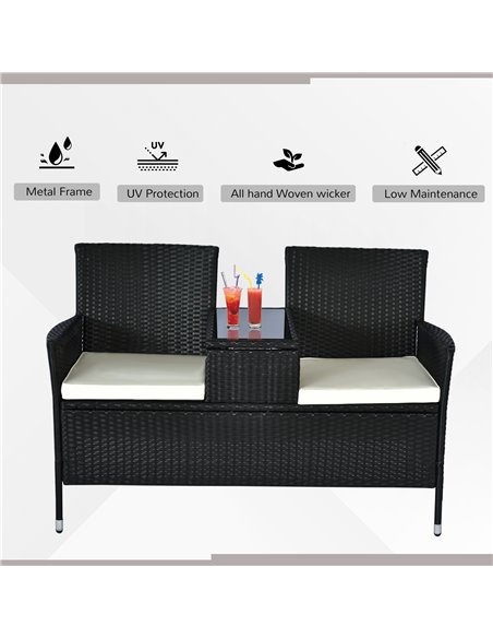 Outsunny 2 Seater Rattan Campanion Chair Wicker Loveseat Outdoor Patio Armchair with Drink Table Garden Furniture - Black - pic 22077 | FastDaddyshop