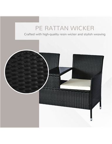 Outsunny 2 Seater Rattan Campanion Chair Wicker Loveseat Outdoor Patio Armchair with Drink Table Garden Furniture - Black