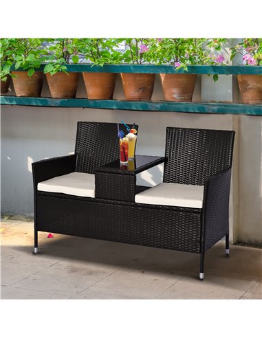 Outsunny 2 Seater Rattan Chair Set Wicker Loveseat Campanion Chair Patio Armchair with Coffee Table and Cushions, Dark Brown