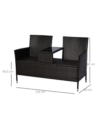 Outsunny 2 Seater Rattan Chair Set Wicker Loveseat Campanion Chair Patio Armchair with Coffee Table and Cushions, Dark Brown