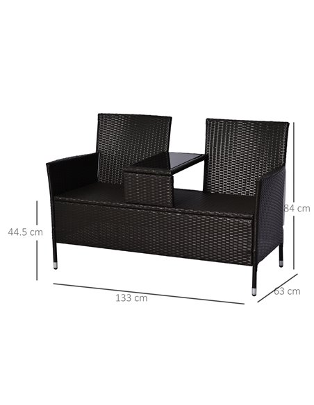 Outsunny 2 Seater Rattan Chair Set Wicker Loveseat Campanion Chair Patio Armchair with Coffee Table and Cushions, Dark Brown - pic 22085 | FastDaddyshop