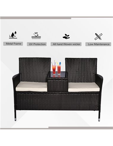 Outsunny 2 Seater Rattan Chair Set Wicker Loveseat Campanion Chair Patio Armchair with Coffee Table and Cushions, Dark Brown