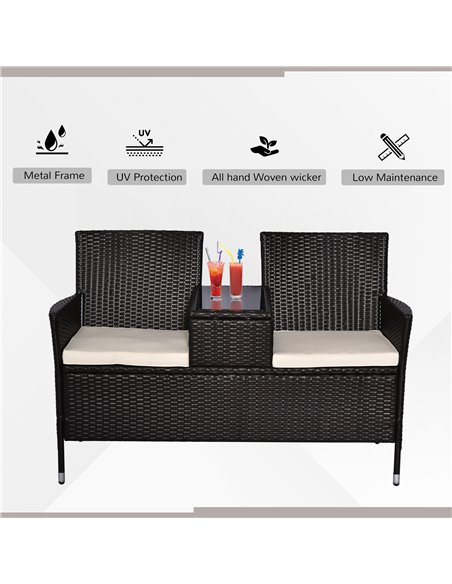 Outsunny 2 Seater Rattan Chair Set Wicker Loveseat Campanion Chair Patio Armchair with Coffee Table and Cushions, Dark Brown - pic 22086 | FastDaddyshop