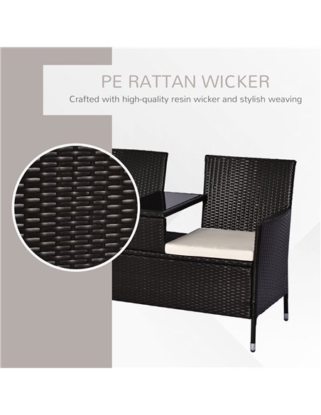 Outsunny 2 Seater Rattan Chair Set Wicker Loveseat Campanion Chair Patio Armchair with Coffee Table and Cushions, Dark Brown - pic 22087 | FastDaddyshop