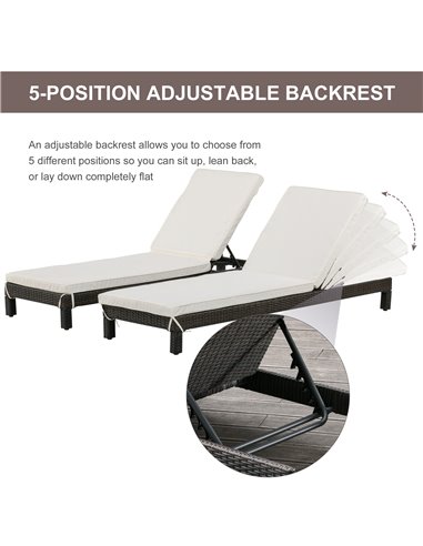 Outsunny 2 Seater Garden Rattan Sun Lounger Outdoor Wicker Recliner Weave Reclining Chair Bed Patio Furniture Adjustable Relaxer