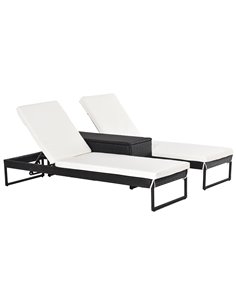 Outsunny 2 Seater Rattan Sun Lounger Garden Outdoor Wicker Weave Recliner Bed Side Table Set Patio Furniture with Cushion - Blac