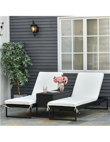 Outsunny 2 Seater Rattan Sun Lounger Garden Outdoor Wicker Weave Recliner Bed Side Table Set Patio Furniture with Cushion - Blac