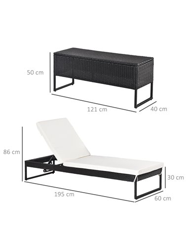 Outsunny 2 Seater Rattan Sun Lounger Garden Outdoor Wicker Weave Recliner Bed Side Table Set Patio Furniture with Cushion - Blac