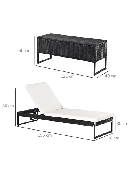Outsunny 2 Seater Rattan Sun Lounger Garden Outdoor Wicker Weave Recliner Bed Side Table Set Patio Furniture with Cushion - Blac - pic 22112 | FastDaddyshop