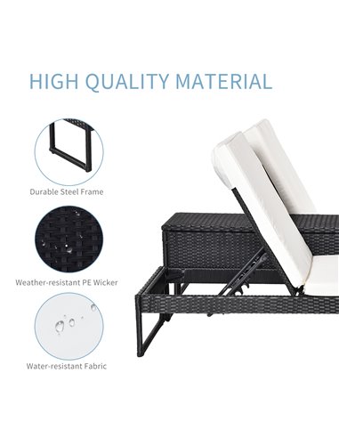 Outsunny 2 Seater Rattan Sun Lounger Garden Outdoor Wicker Weave Recliner Bed Side Table Set Patio Furniture with Cushion - Blac