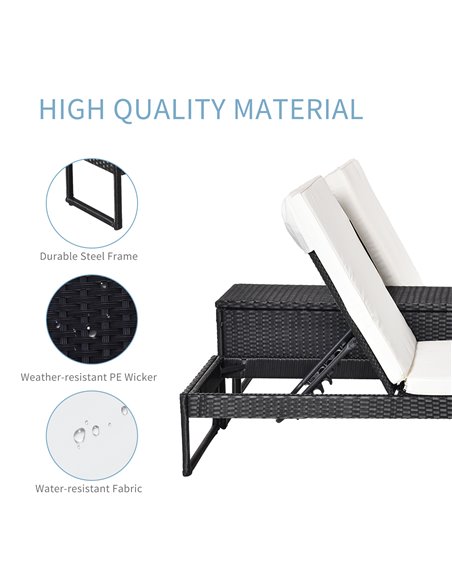Outsunny 2 Seater Rattan Sun Lounger Garden Outdoor Wicker Weave Recliner Bed Side Table Set Patio Furniture with Cushion - Blac - pic 22114 | FastDaddyshop
