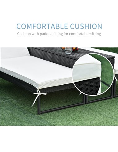 Outsunny 2 Seater Rattan Sun Lounger Garden Outdoor Wicker Weave Recliner Bed Side Table Set Patio Furniture with Cushion - Blac