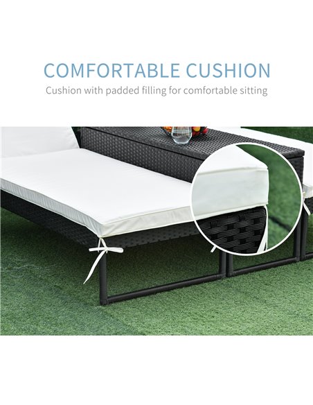 Outsunny 2 Seater Rattan Sun Lounger Garden Outdoor Wicker Weave Recliner Bed Side Table Set Patio Furniture with Cushion - Blac - pic 22116 | FastDaddyshop