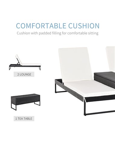 Outsunny 2 Seater Rattan Sun Lounger Garden Outdoor Wicker Weave Recliner Bed Side Table Set Patio Furniture with Cushion - Blac