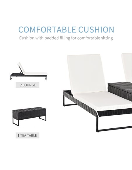 Outsunny 2 Seater Rattan Sun Lounger Garden Outdoor Wicker Weave Recliner Bed Side Table Set Patio Furniture with Cushion - Blac - pic 22117 | FastDaddyshop