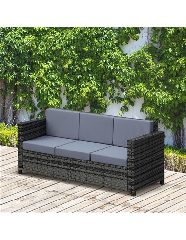 Outsunny Garden Rattan Sofa 3 Seater All-Weather Wicker Weave Metal Frame Chair with Fire Resistant Cushion - Grey