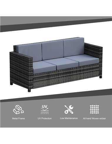 Outsunny Garden Rattan Sofa 3 Seater All-Weather Wicker Weave Metal Frame Chair with Fire Resistant Cushion - Grey