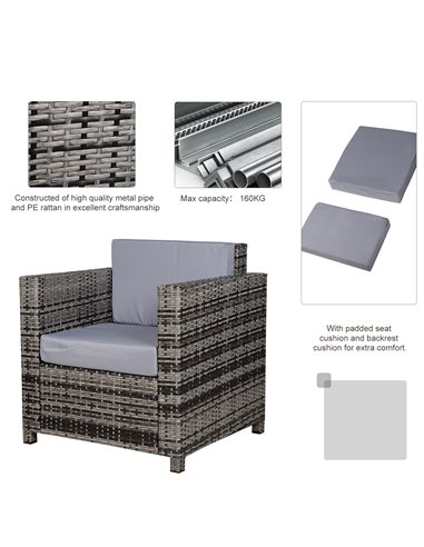 Outsunny 1 Seater Rattan Garden Chair All-Weather Wicker Weave Single Sofa Armchair with Fire Resistant Cushion - Grey