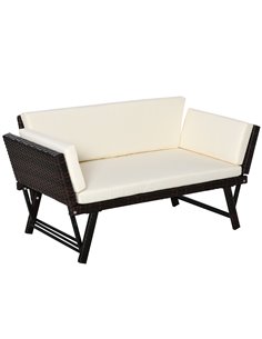Outsunny 2 Seater Rattan Folding Daybed Sofa Bench Garden Chaise Lounger Loveseat with Cushion Outdoor Patio Brown