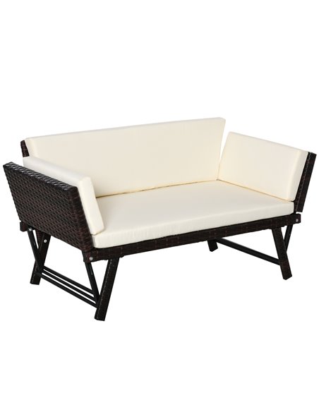 Outsunny 2 Seater Rattan Folding Daybed Sofa Bench Garden Chaise Lounger Loveseat with Cushion Outdoor Patio Brown - pic 22146 | FastDaddyshop