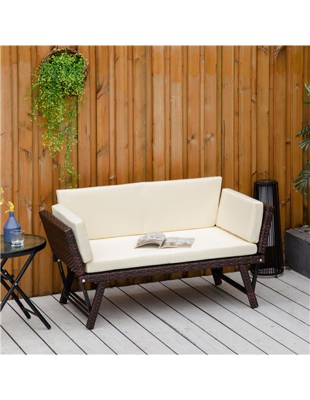 Outsunny 2 Seater Rattan Folding Daybed Sofa Bench Garden Chaise Lounger Loveseat with Cushion Outdoor Patio Brown - pic 22147 | FastDaddyshop