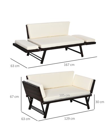 Outsunny 2 Seater Rattan Folding Daybed Sofa Bench Garden Chaise Lounger Loveseat with Cushion Outdoor Patio Brown