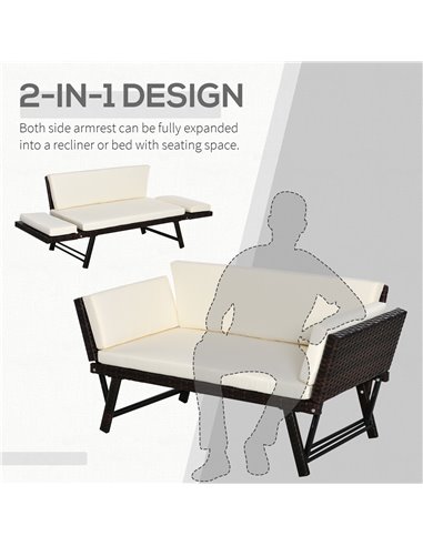 Outsunny 2 Seater Rattan Folding Daybed Sofa Bench Garden Chaise Lounger Loveseat with Cushion Outdoor Patio Brown
