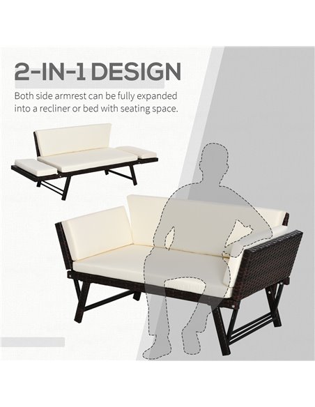 Outsunny 2 Seater Rattan Folding Daybed Sofa Bench Garden Chaise Lounger Loveseat with Cushion Outdoor Patio Brown - pic 22149 | FastDaddyshop