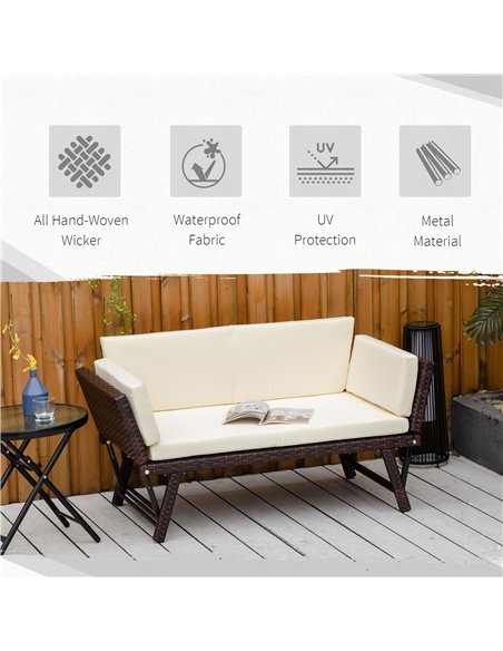 Outsunny 2 Seater Rattan Folding Daybed Sofa Bench Garden Chaise Lounger Loveseat with Cushion Outdoor Patio Brown - pic 22150 | FastDaddyshop