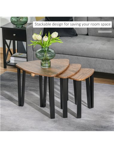 HOMCOM 3 PCs MDF Steel Nesting Table Coffee Table Set Multifunctional End Side Table Living Room Furniture Walnut Wood Grain