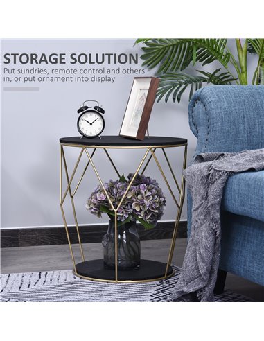 HOMCOM Ф45cm Wood Metal Coffee Round Table with Storage, Black-Gold Color