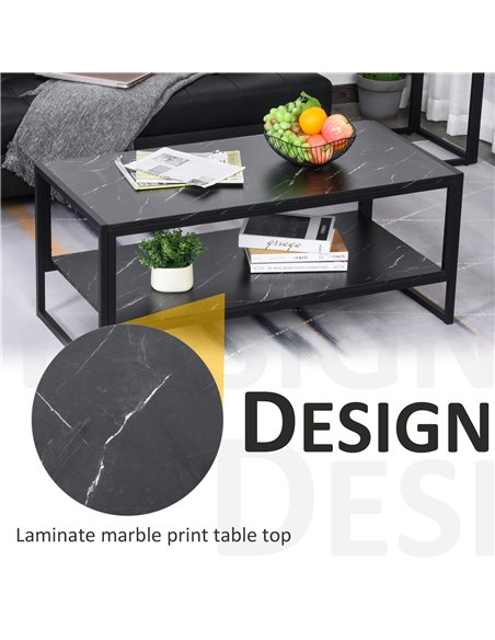 HOMCOM 2-Tier Laminate Marble Print Table Top Coffee Table with Metal Frame, Black - pic 22176 | FastDaddyshop