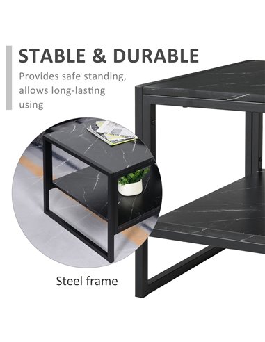 HOMCOM 2-Tier Laminate Marble Print Table Top Coffee Table with Metal Frame, Black