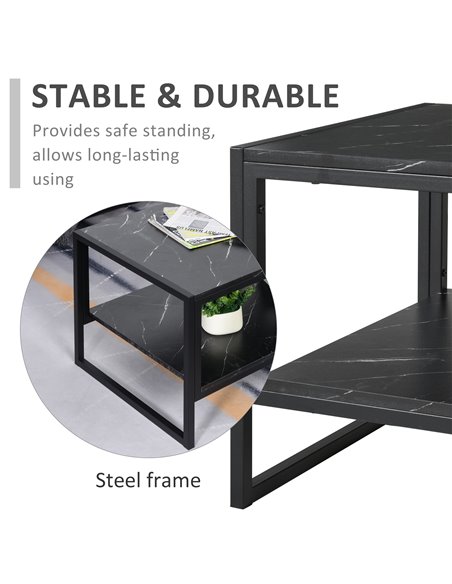 HOMCOM 2-Tier Laminate Marble Print Table Top Coffee Table with Metal Frame, Black - pic 22177 | FastDaddyshop