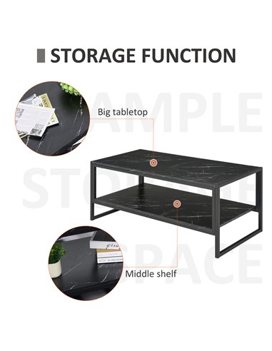 HOMCOM 2-Tier Laminate Marble Print Table Top Coffee Table with Metal Frame, Black