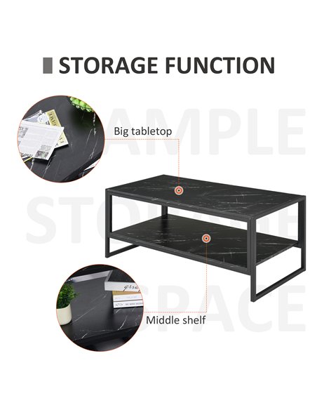 HOMCOM 2-Tier Laminate Marble Print Table Top Coffee Table with Metal Frame, Black - pic 22178 | FastDaddyshop