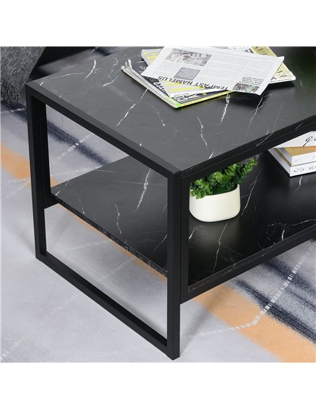 HOMCOM 2-Tier Laminate Marble Print Table Top Coffee Table with Metal Frame, Black - pic 22179 | FastDaddyshop