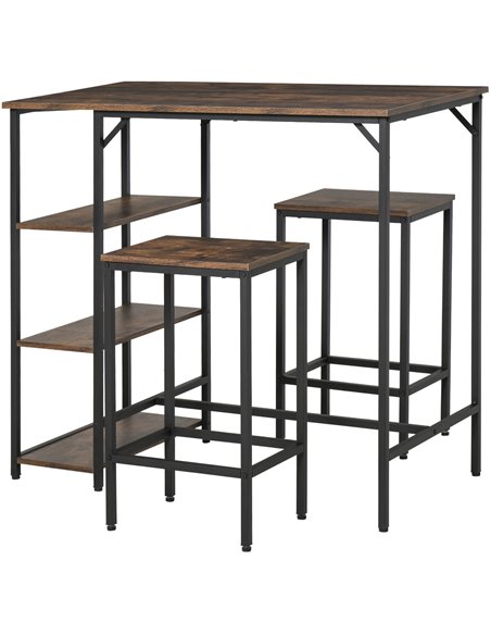 HOMCOM Bar Table Set, 3 Pieces Coffee Table With 2 Stools & Side Shelf, Rustic Brown - pic 22182 | FastDaddyshop