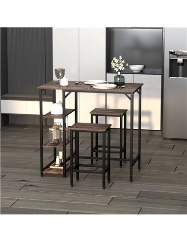HOMCOM Bar Table Set, 3 Pieces Coffee Table With 2 Stools & Side Shelf, Rustic Brown