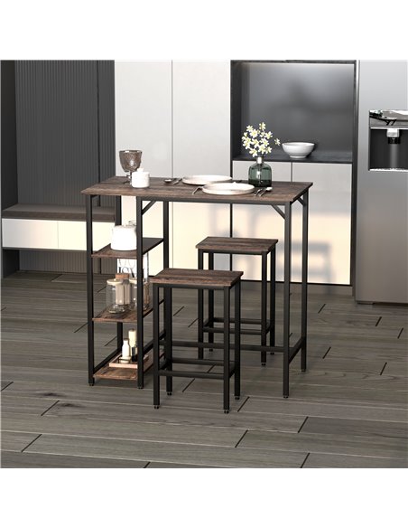 HOMCOM Bar Table Set, 3 Pieces Coffee Table With 2 Stools & Side Shelf, Rustic Brown - pic 22183 | FastDaddyshop