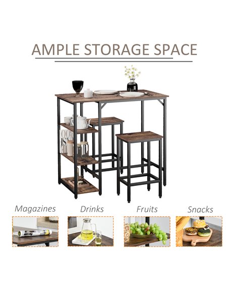 HOMCOM Bar Table Set, 3 Pieces Coffee Table With 2 Stools & Side Shelf, Rustic Brown - pic 22186 | FastDaddyshop
