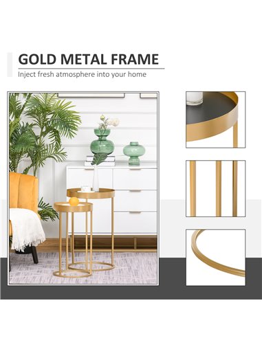 HOMCOM Set of 2 Nesting Coffee Tables with Gold Metal Base, Nest of Tables with Embedded Tabletop in Marble Color, Living Room, 
